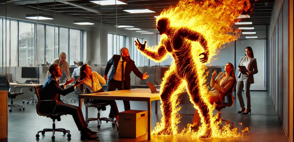 DALL·E 2024-11-08 00.32.55 - A dramatic 16_9 scene in an office where a figure engulfed in fierce, flaming fire pushes other colleagues aside, taking center stage and speaking for