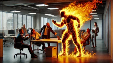 DALL·E 2024-11-08 00.32.55 - A dramatic 16_9 scene in an office where a figure engulfed in fierce, flaming fire pushes other colleagues aside, taking center stage and speaking for