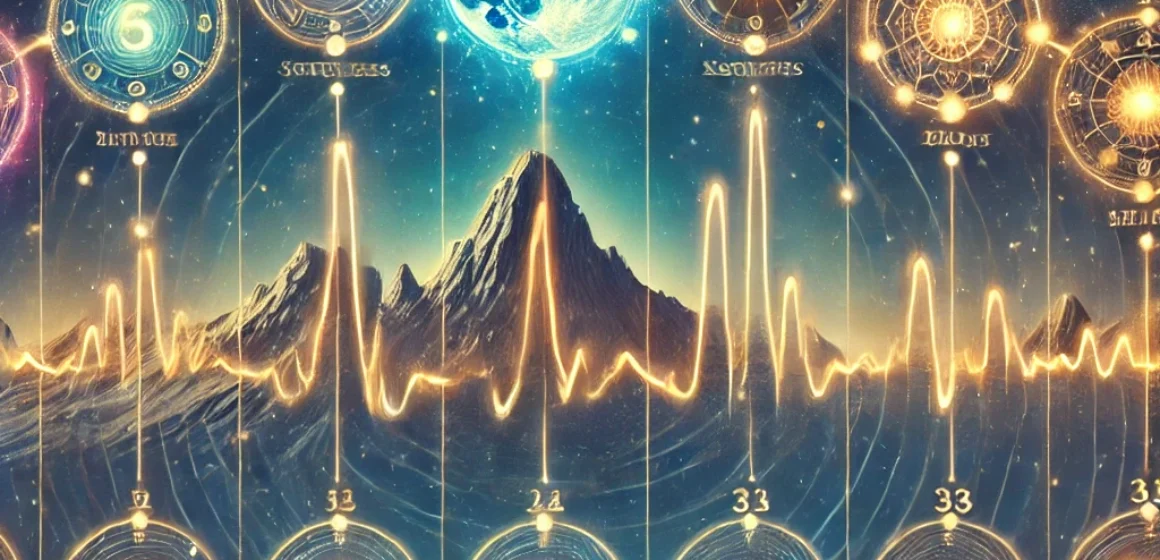 DALL·E 2025-03-09 18.20.23 - A timeline graphic illustrating different life peaks (apogees) in numerology, with corresponding numbers 1-9 and master numbers 11, 22, 33. The timeli