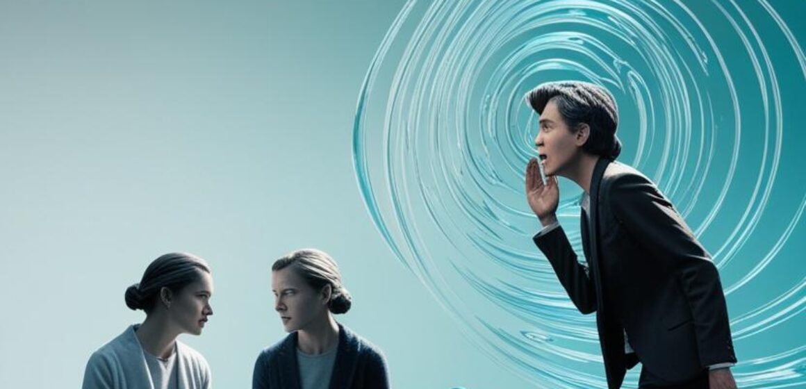 On a tranquil gradient of light blue, two figures sit on a park bench, engaged in a quiet discussion. Suddenly, a third figure approaches, speaking over them with rapid, animated words. The original pair