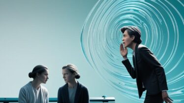 On a tranquil gradient of light blue, two figures sit on a park bench, engaged in a quiet discussion. Suddenly, a third figure approaches, speaking over them with rapid, animated words. The original pair